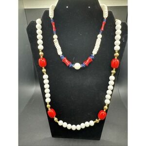 2 Red White And Blue Beaded Necklaces - 14" & 32" Long